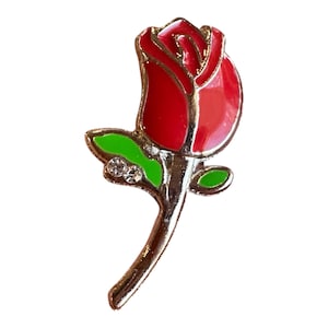 Vintage Enamel Red Rose Brooch Pin with Rhinestone Accent