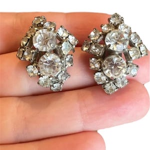 Vintage Rhinestone Cluster Clip on Earrings Silver Tone