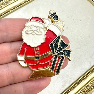 Vintage Enamel Santa Ringing Bell Brooch: Christmas Pin