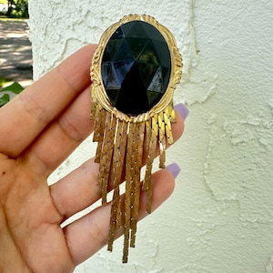 Vintage Jewelry Large Black and Gold Tone Fringe Brooch Pin Large Black Gemstone Brooch