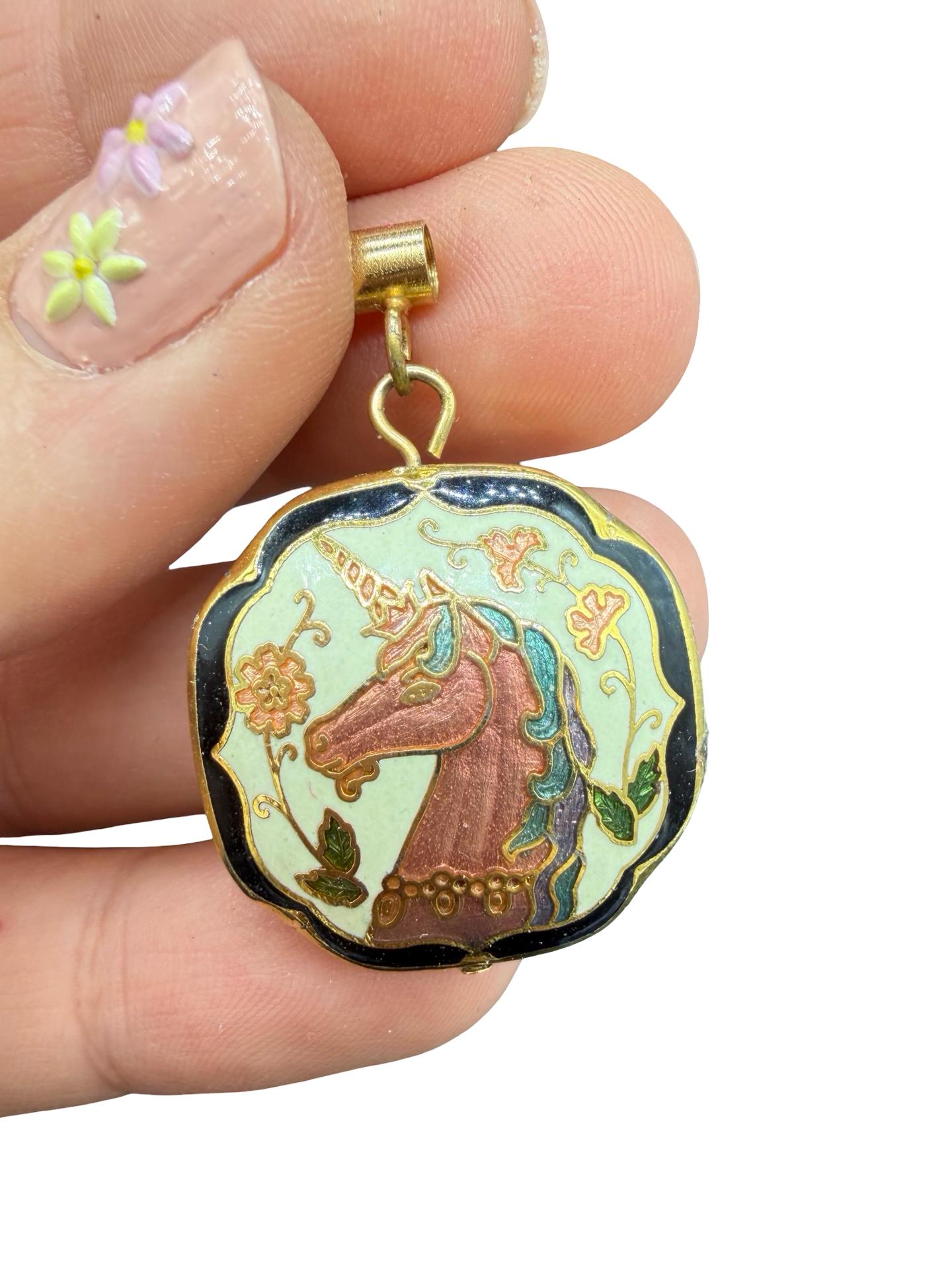 Collier Vintage Pendentif Licorne En Cloisonné - Multicolore - Occasion (bon état)