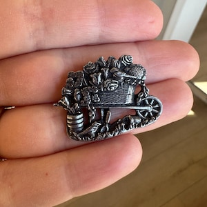 Birds and Blooms Wheelbarrow Brooch Pin Vintage  Limited Edition 2001 Pewter Wheelbarrow with flowers and bird