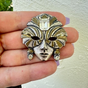 Vintage Masquerade Mask Brooch: Silver & Brass Tone Face Pin