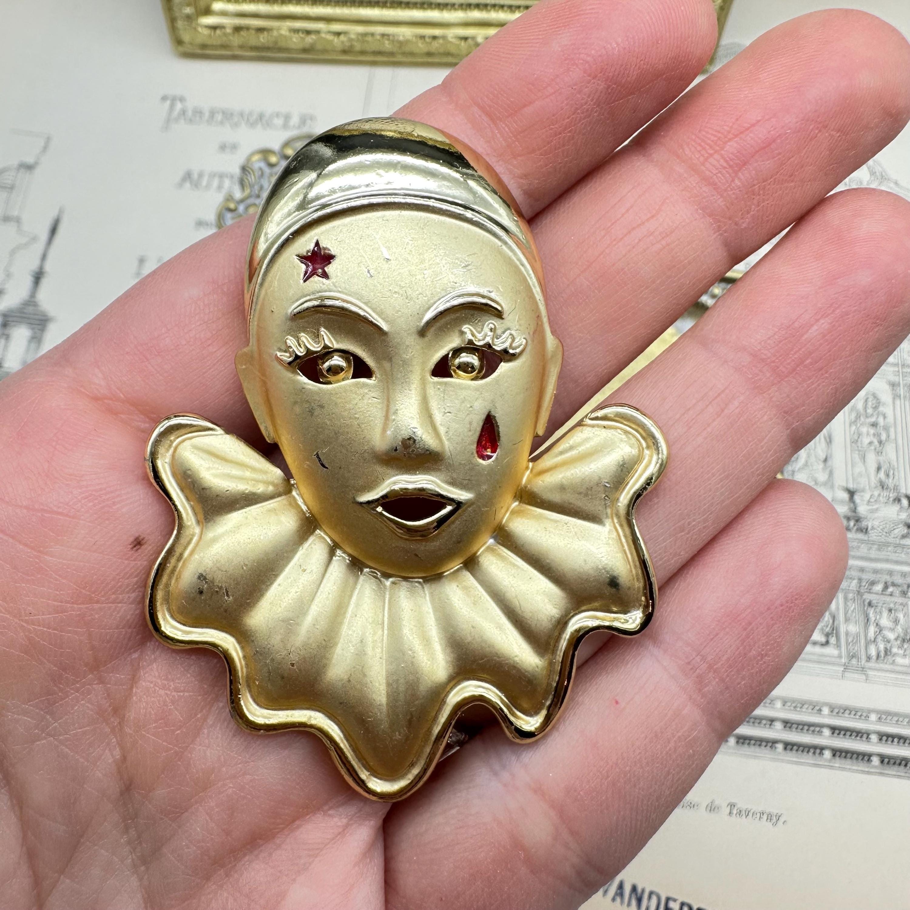 Vintage Jewelry Crying Clown Jester Brooch Pin Gold Tone Red