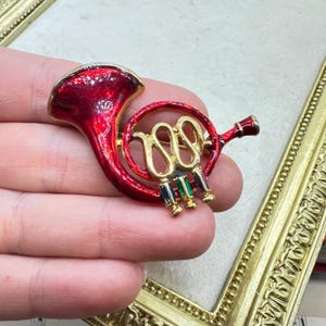 Vintage Christmas Brooch Christmas Horn Pin Enamel French Horn Brooch