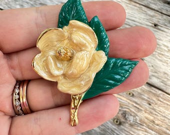 Vintage Schmuck Emaille gelbe Rose Brosche Pin