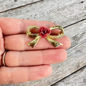 Vintage Jewelry Gold Tone Bow Brooch With Rose Ribbon Brooch with Rose Pin