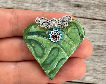 Broche de corazón de cerámica verde de diseño artesanal de joyería vintage