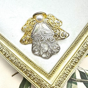 Vintage Gold and Silver Tone Filigree Angel Brooch  Pearl Accent Pin