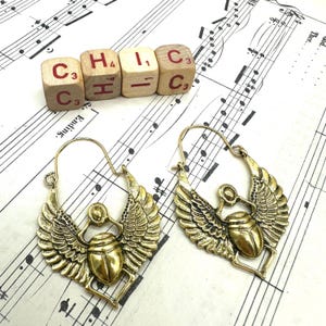 EGYPTIAN SCARAB beatle beetle jewelry goddess hoops winged scarab brass carved scarab earrings