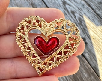 Vintage Gold Tone Heart Brooch with Red Charm