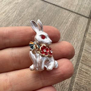 Vintage Style Bunny Rabbit with Flowers Enamel Brooch Easter Pin Spring Jewelry