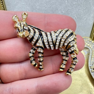 Vintage Jewelry Rhinestone Enamel Zebra Brooch Pin Safari Africa Zoo