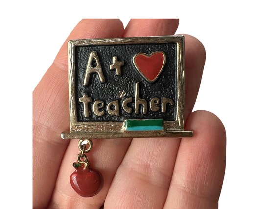 Vintage Teacher Brooch Pin: Chalkboard with Apple Charm