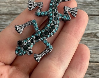 Vintage Jewelry Rhinestone Blue Lizard Gecko Brooch Pin
