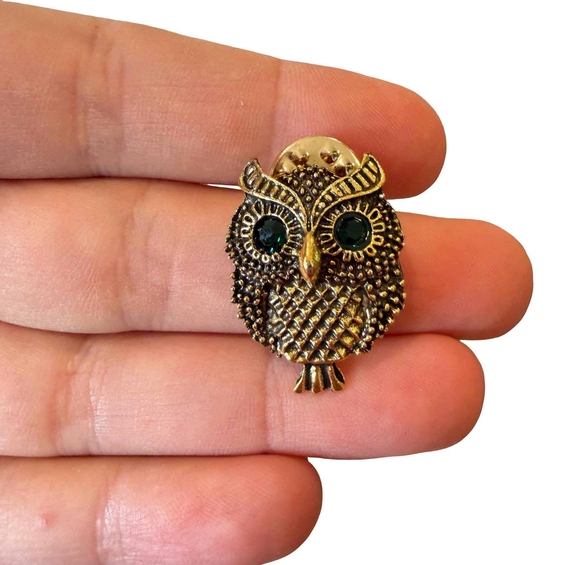 Vintage Jewelry Owl Pin with Green Rhinestone Eyes Owl Jewelry