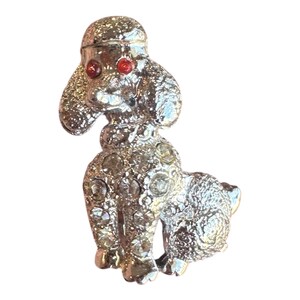 Vintage Poodle Brooch Pin Rhinestone Silver Tone Poodle Dog Brooch