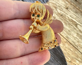 Spilla vintage Mylu con angelo color oro e corno