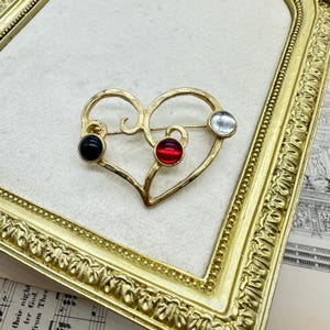 Vintage Gold Tone Heart Brooch with  Black Red White Gems Heart Pin