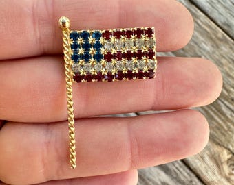 Broche con bandera estadounidense de diamantes de imitación, joyería vintage, joyería patriótica