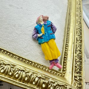 Vintage 80s Celluloid Brooch: Hand Painted Lady Pin