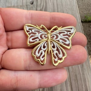 Vintage Jewelry JJ Gold Tone and white Butterfly brooch pin