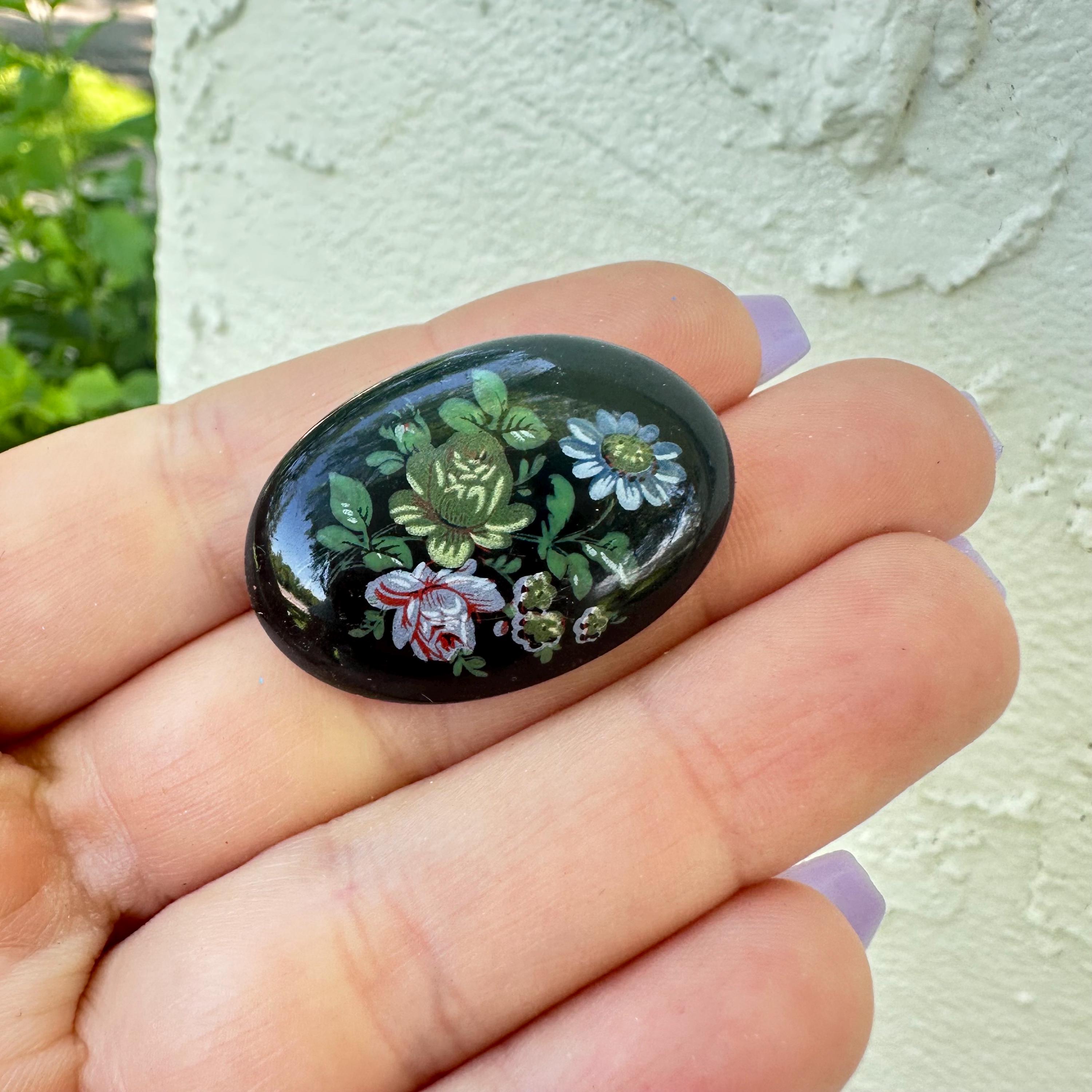 Broche Vintage Florale Peinte - Forme Ovale Noire, Occasion, Bijou Fantaisie