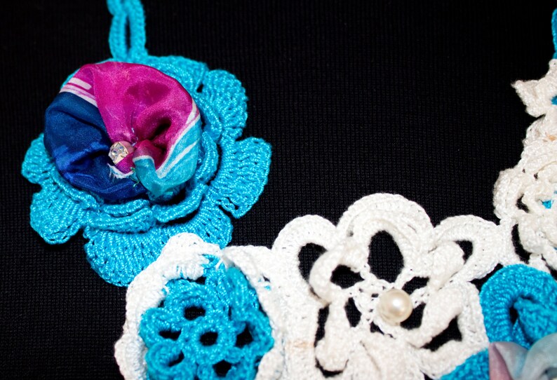Gift for grandmather Created to give elegance to black clothes Cotton necklace with applied silk rose petals