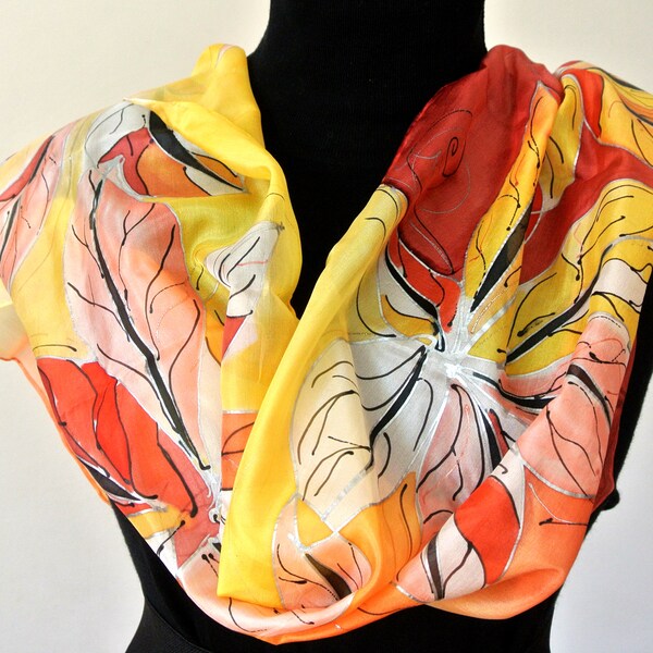 Hand-painted silk scarf with colorful leaves. ideal for those who love painted flowers. Created for those who have to enhance a dress.