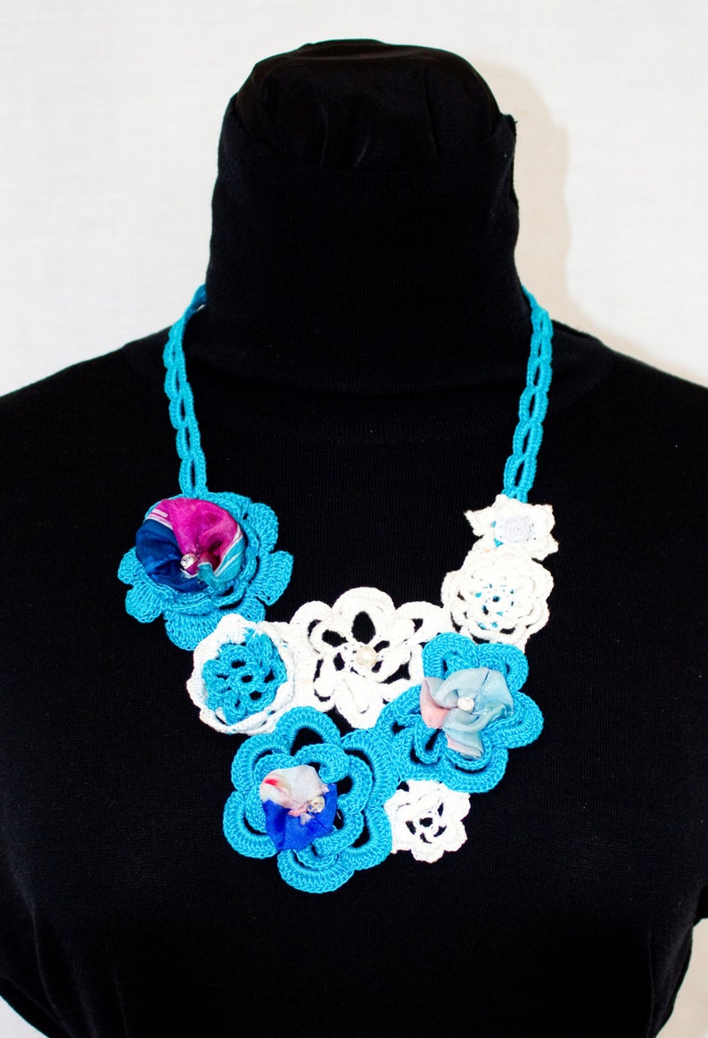 Gift for grandmather Created to give elegance to black clothes Cotton necklace with applied silk rose petals