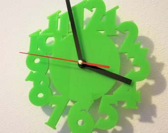 May include: A green clock with black and red hands. The numbers are in a circle around the clock face.