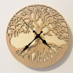 Wooden wall clock, Tree of Life, laser cut, double layer Goofy/walnut 7 mm.