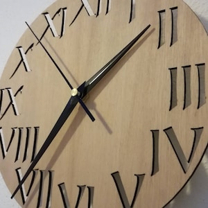 Wooden wall clock, Roman numerals, laser cut, plywood Walnut