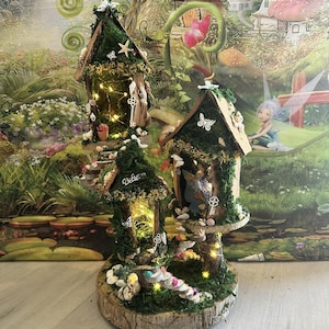 Fairy House With Seashell Accents and Fairy Lights Fairy House Handmade Woodland Cottage Handmade Fairy House With Lights Triple Fairy House