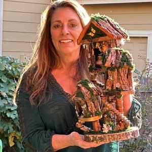 Beautiful Large Handmade Wood Fairy House Fully Decorated With Lights, Furniture And Several Fairy Attractions Large Fairy House Handmade