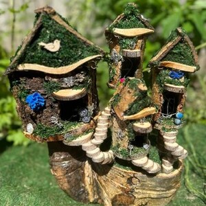 One Of A Kind Fairy House Fully Decorated And Has Lights Custom Fairy House Wooden Fairy House Fairy House Wooden Cute Fairy House
