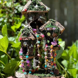 Handmade Fairy House Fully Decorated and Has Lights Fairy House, handmade fairy house, personalized gift, custom made Triple Fairy House