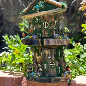 Fairy House 2 Level Fairy Tree House Fully Decorated Inside & Out Has Lights One Of A Kind MUST SEE PICTURES