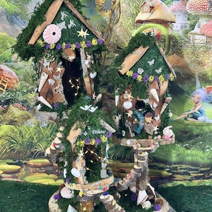 Large Fairy House With Seashell Accents and Fairy Lights Fairy House Handmade Woodland Cottage Handmade Fairy House Triple Fairy House