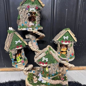 Fairy Doll House 4 Plex One Of A Kind Fully Decorated With Lights Fairy House Handmade Handmade Fairy House Woodland Cottage Wooden Fairy Ho