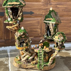 Fairy Doll House 4 Plex One Of A Kind Fully Decorated With Lights Fairy House Handmade Handmade Fairy House Woodland Cottage Wooden Fairy