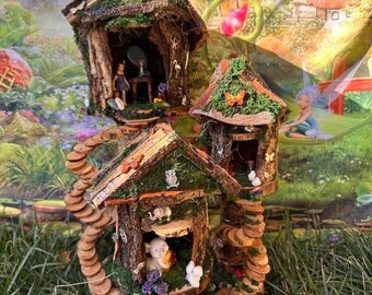 Large Handmade Wood Fairy House with Lights, Outdoor Diorama