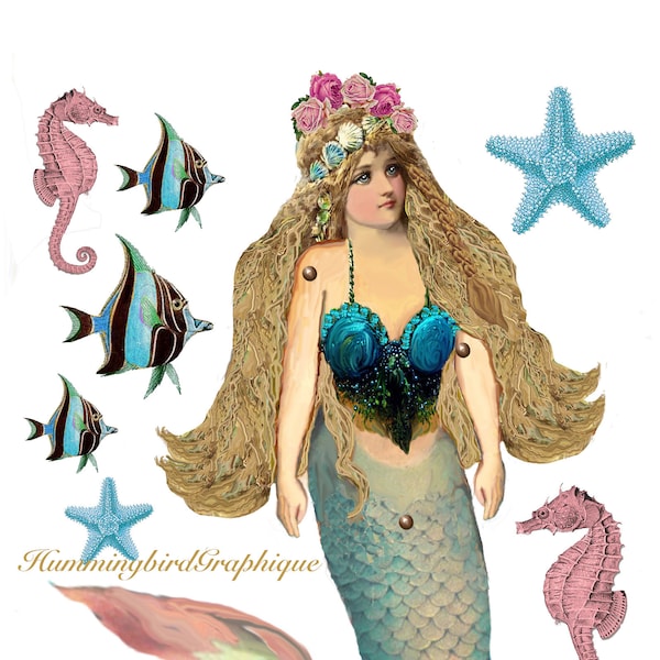 Printable Mermaid Shabby Victorian Fantasy Articulated Jointed Posable Paper Doll Starfish Seahorses Large Image Printable Digital Download