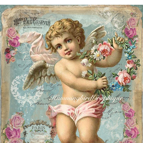 French Victorian CHERUB Wreath Angel Large Instant Digital Download Printable Shabby Chic Graphic Art Transfer Image Butterfly Transfer