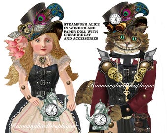 STEAMPUNK ALICE and CHESHIRE Cat Articulated Paper Doll Jointed Posable And Accessories Large Image Printable Digital Download