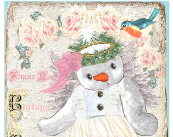 ANGEL Christmas ROSE GARDEN SnowLady Large Image Instant Download French Shabby Chic Vintage Transfer Fabric Pillow Journal Cover png pdf