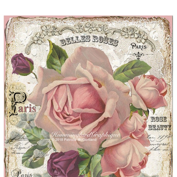 ENCHANTED COTTAGE ROSE Garden Large Image Instant Download French Shabby Chic Transfer Fabric Lace Pillow Transfer Journal Cover png pdf jpg