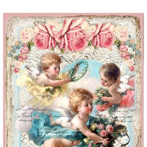 Vintage VALENTINE ROSES CHERUBS Large Image Instant Printable Download Sublimation png Heat Transfer Fabric Pillow Transfer personalized