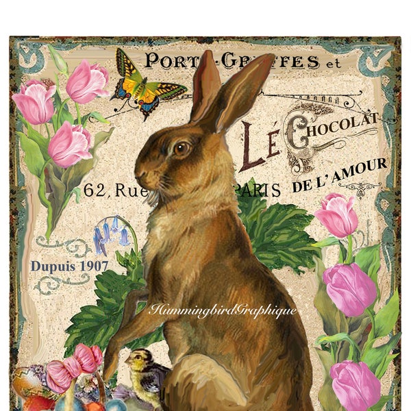 French Farm Grain Sack Style EASTER BUNNY TULIPS Large Image Printable Download Rose Spring Fabric Transfer Burlap Pillow Sign png pdf jpg