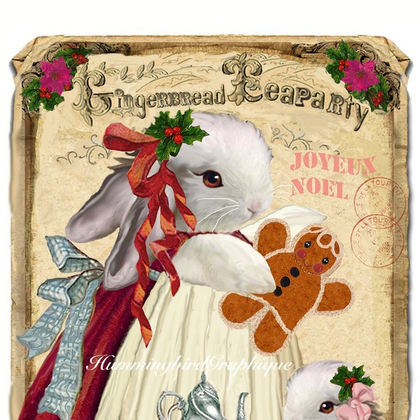 Vintage Shabby Chic Girl BUNNY GINGERBREAD TEAPARTY Large Image Instant Digital Download Printable Graphic Transfer Decoupage Transfer